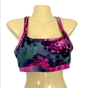 Athleta Sports Workout Bra Floral Crisscross Straps Yoga Gym Purple Pink Small